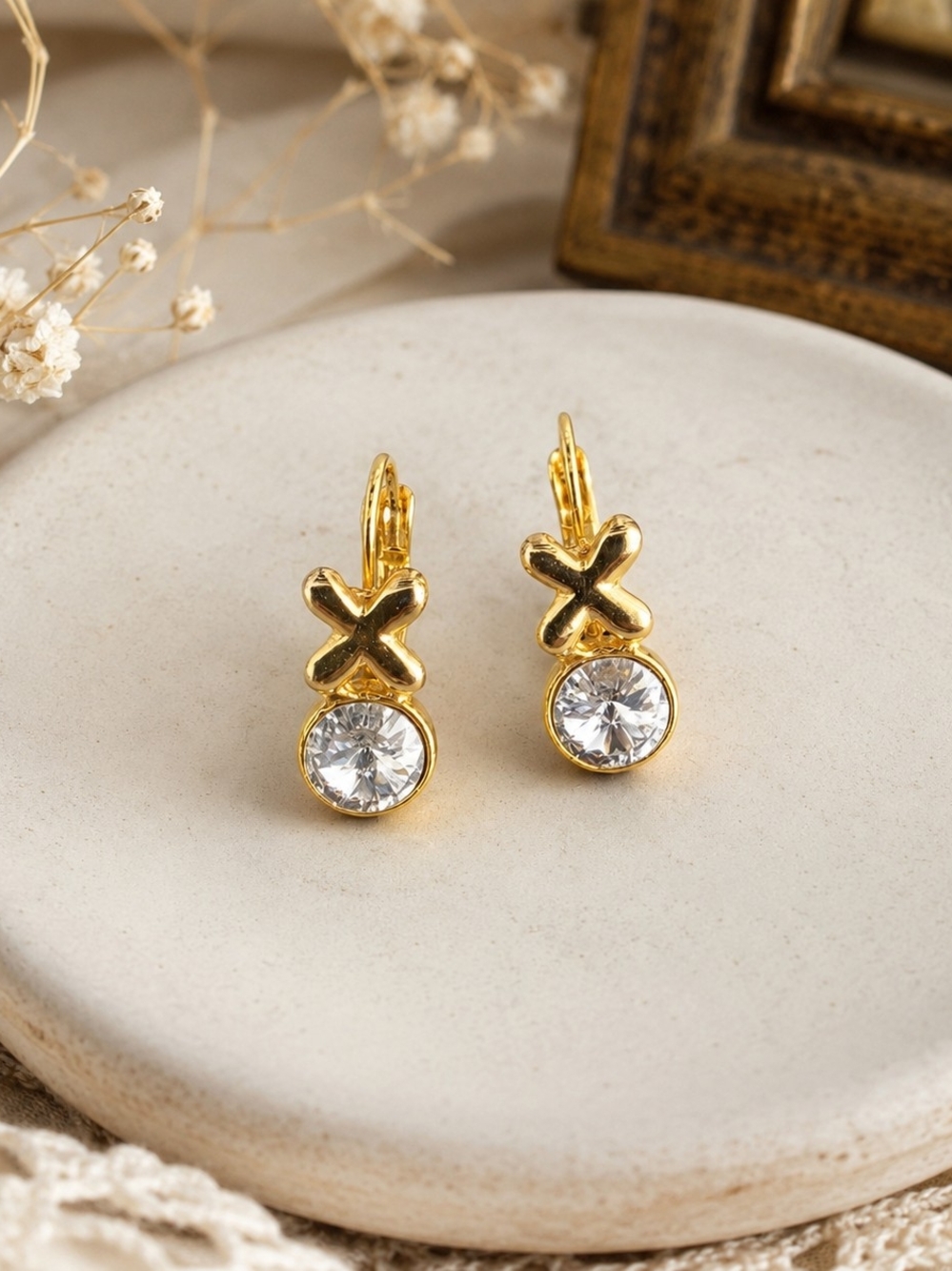Gold X Drop Earrings with Clear Crystal Stones - Women Jewelry